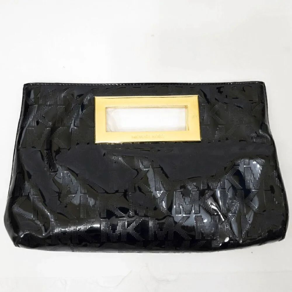 Michael Kors Black Patent Leather Logo Patterned Clutch Purse